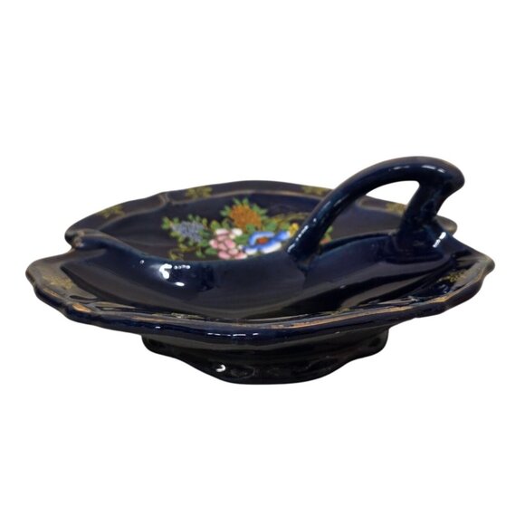 Vintage Japan Ceramic Blue Floral Divided Serving Dish w/ Handle Nuts Candy - Picture 2 of 5